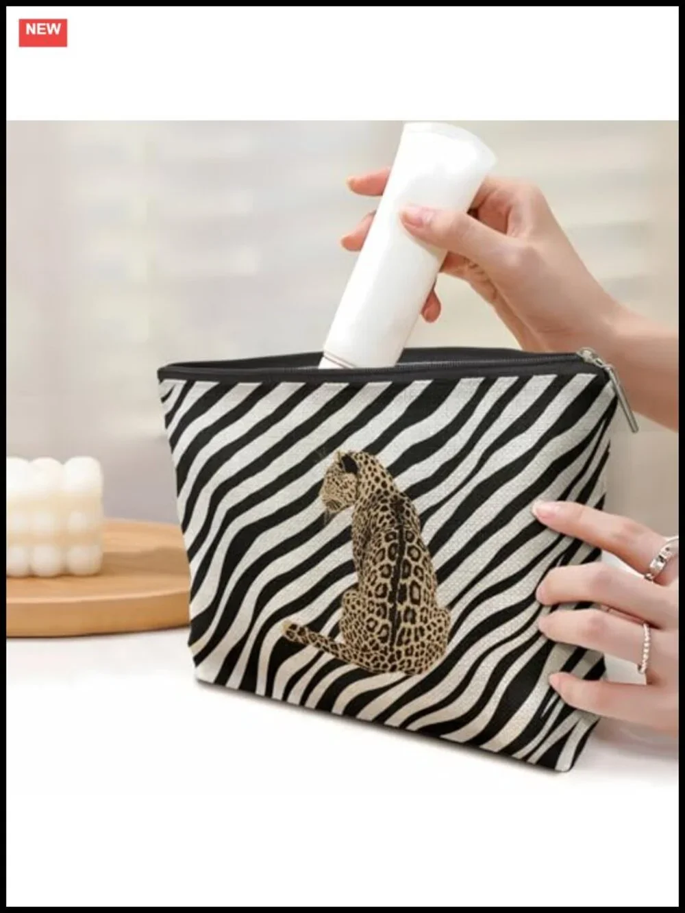 Zebra Leopard Makeup Bag, Waterproof Linen Cosmetic Pouch, Travel Organizer